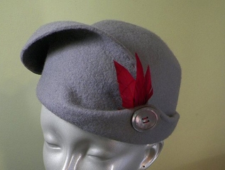 Gray Hand Blocked Wool Hat with Feather & Mother of Pearl Button