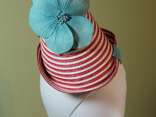 Red White Striped Straw Conical Hat with Blue Flower